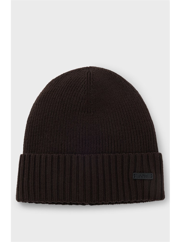 Berretto Boss uomo in lana vergine marrone