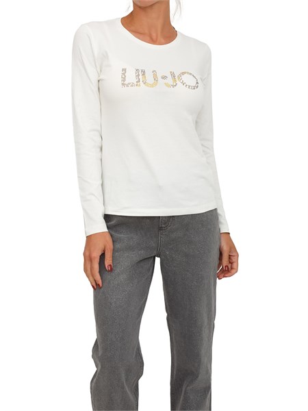 t shirt liu jo donna in cotone bianco con strass logo tf5300js003