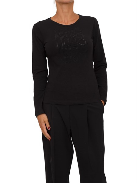 t shirt liu jo donna in cotone nero con strass logo tf5300js003